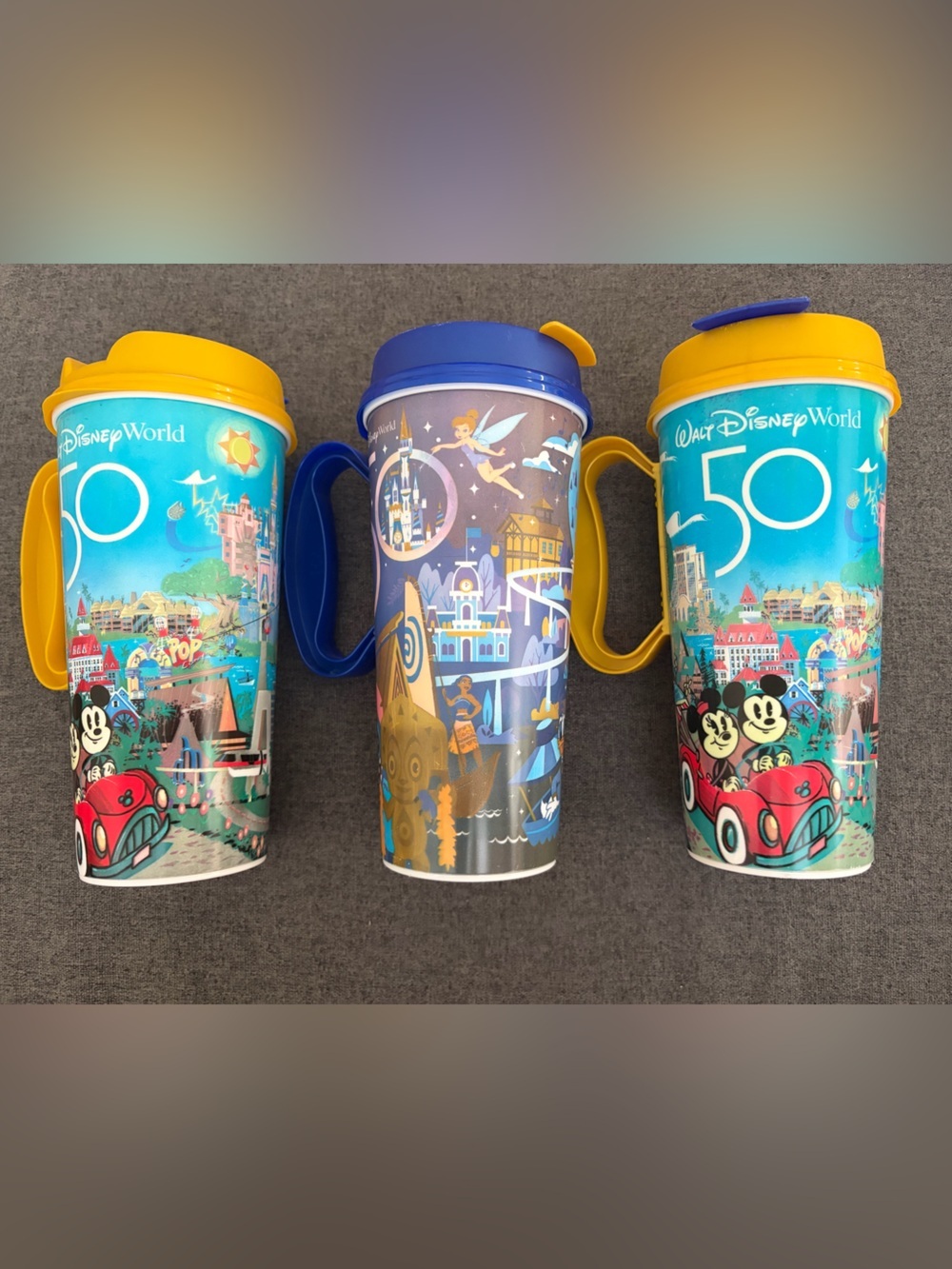 Disney Mickey 50th Travel Cups - Blue, Yellow & Purple